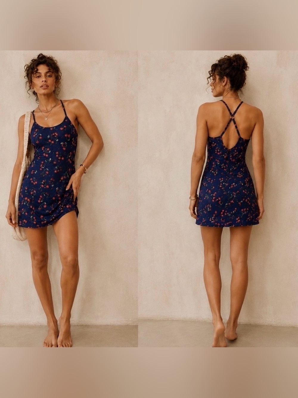 Outdoor Voices Navy Cherry-Print activewear Dress with Crisscross Back size M